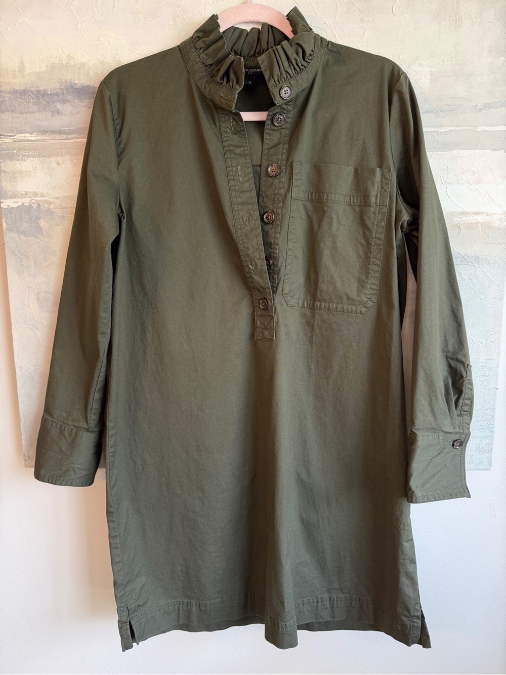 Banana Republic Dress Olive Green Ruffle Neck Long Sleeve Tunic DressMedium 1169